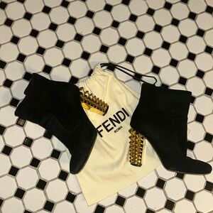 Fendi Black Ankle Boots with Gold Studded Heels